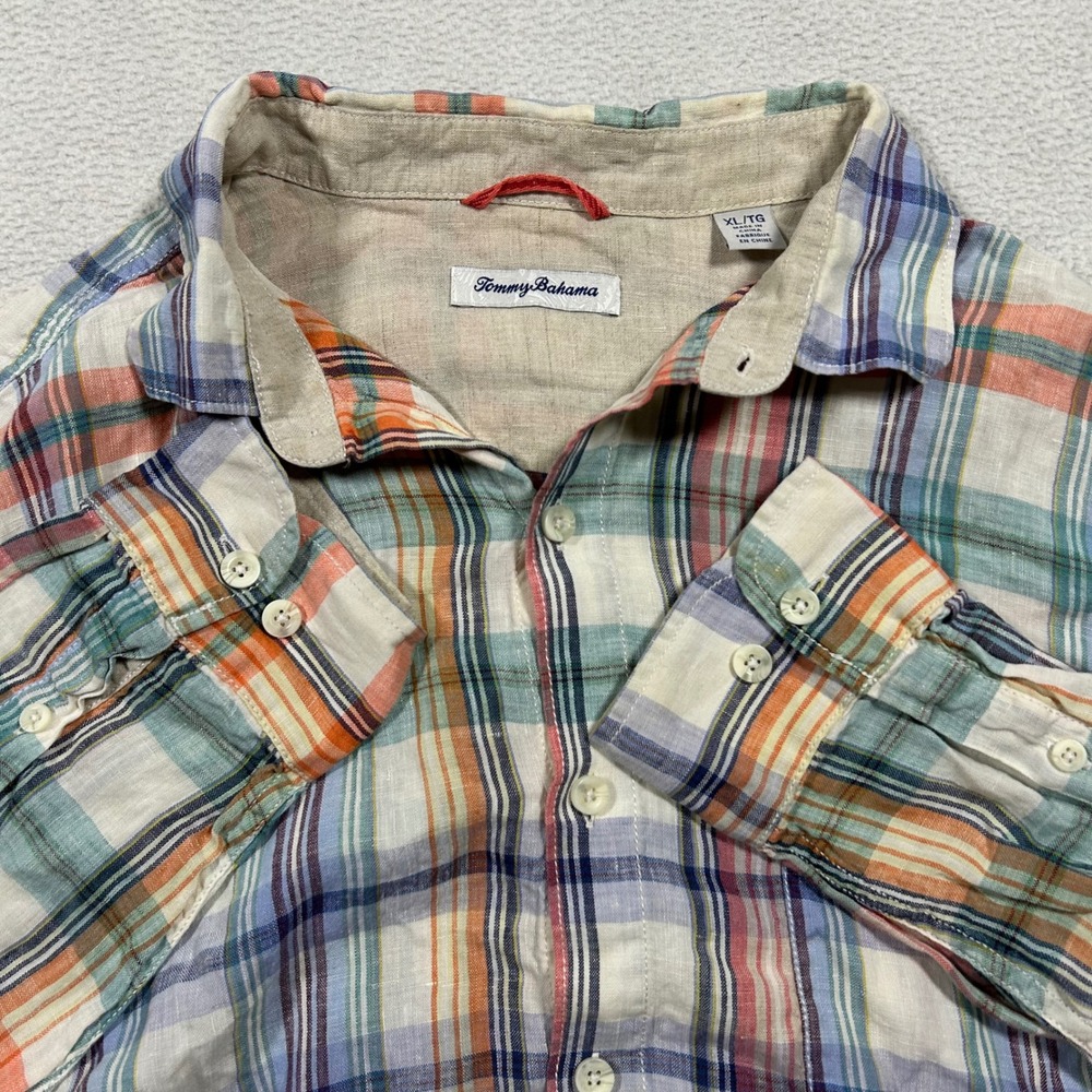 Tommy Bahama Linen Long Sleeve Button Down Shirt Mens XL Multi Plaid Beach Coast